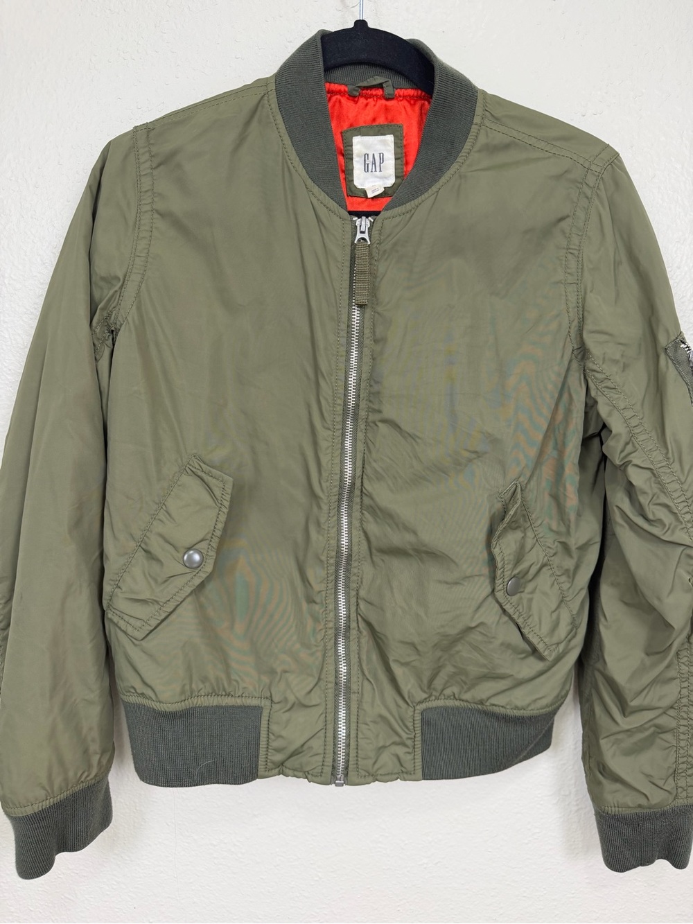 GAP Olive Green MA-1 Flight Bomber Jacket Womens XS Orange Lining Utility Zip
